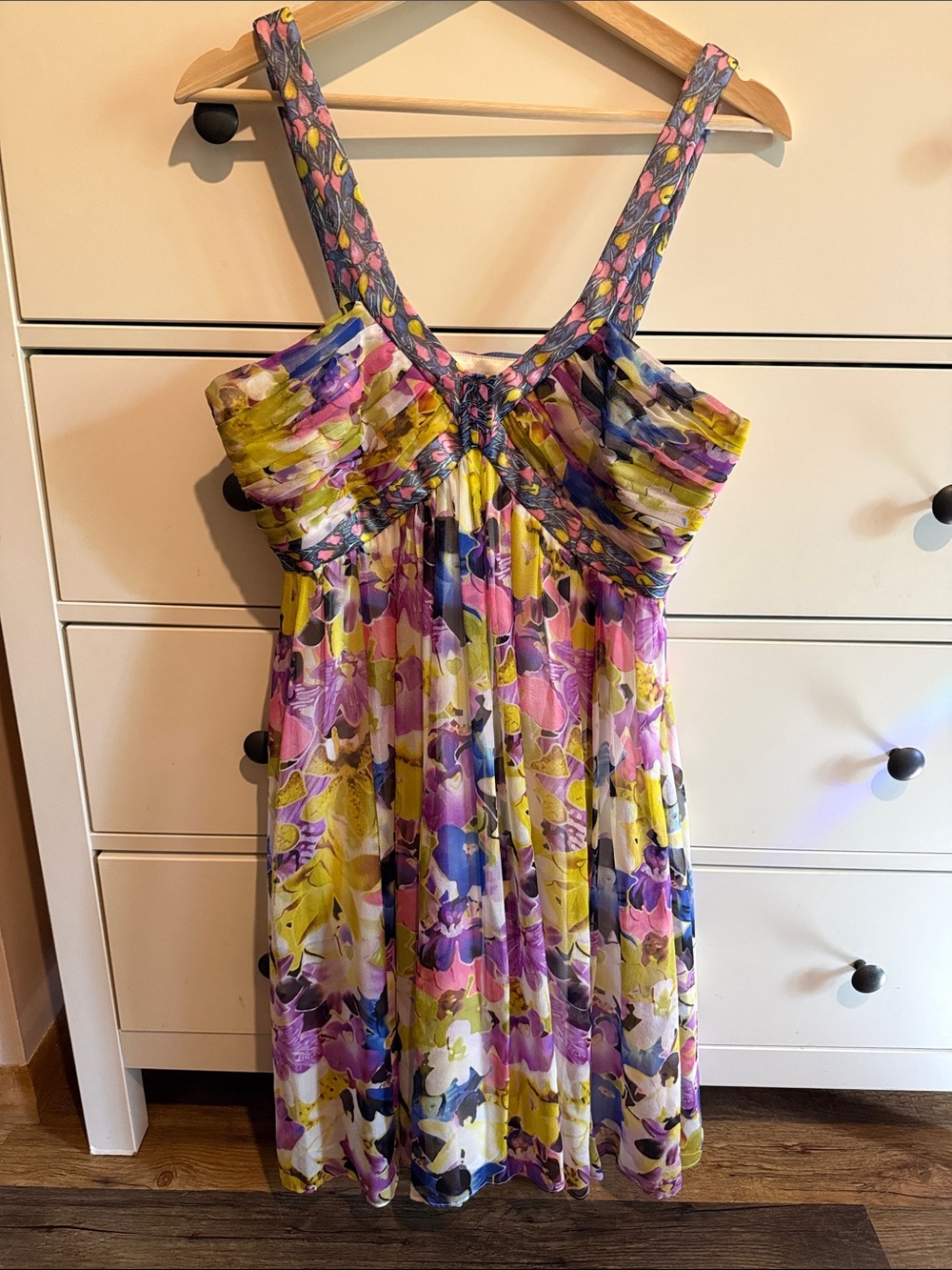 Nine West Floral 100% Silk Midi Dress in Yellow, Purple & Pink